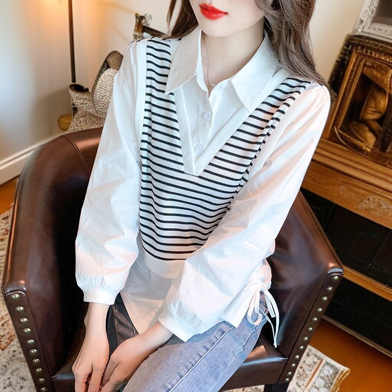 날씬해 보이는 스트라이프 셔츠 여 가을 휴가 투피스 긴팔 셔츠 예쁜 니트 쉬폰 상의 작은 셔츠 스트라이프 여 셔츠 상의