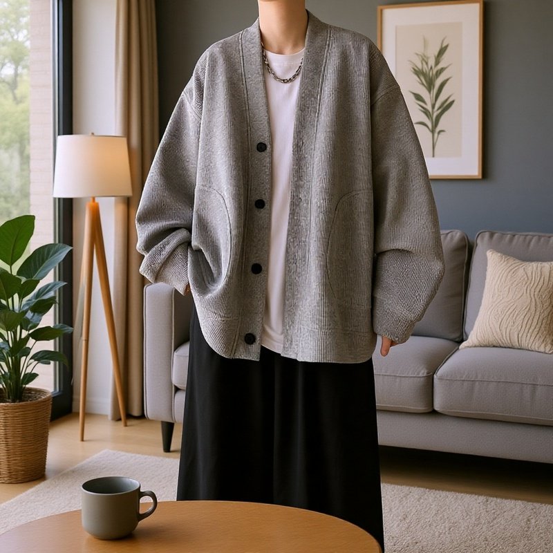 Woll-Cardigan-Jacke für Herren im Lazy-Stil in Grau