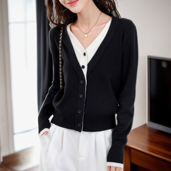 여성 니트 루즈핏 기질 레깅스 컬러링 페이크 투피스 긴팔 상의 얇은 니트