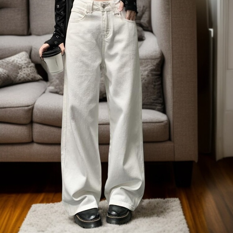 レディースハイウエストストレートホワイトジーンズ