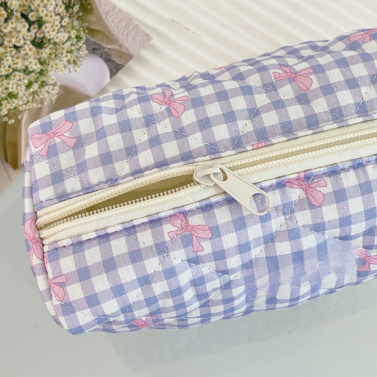체크무늬 리본 수납 파우치