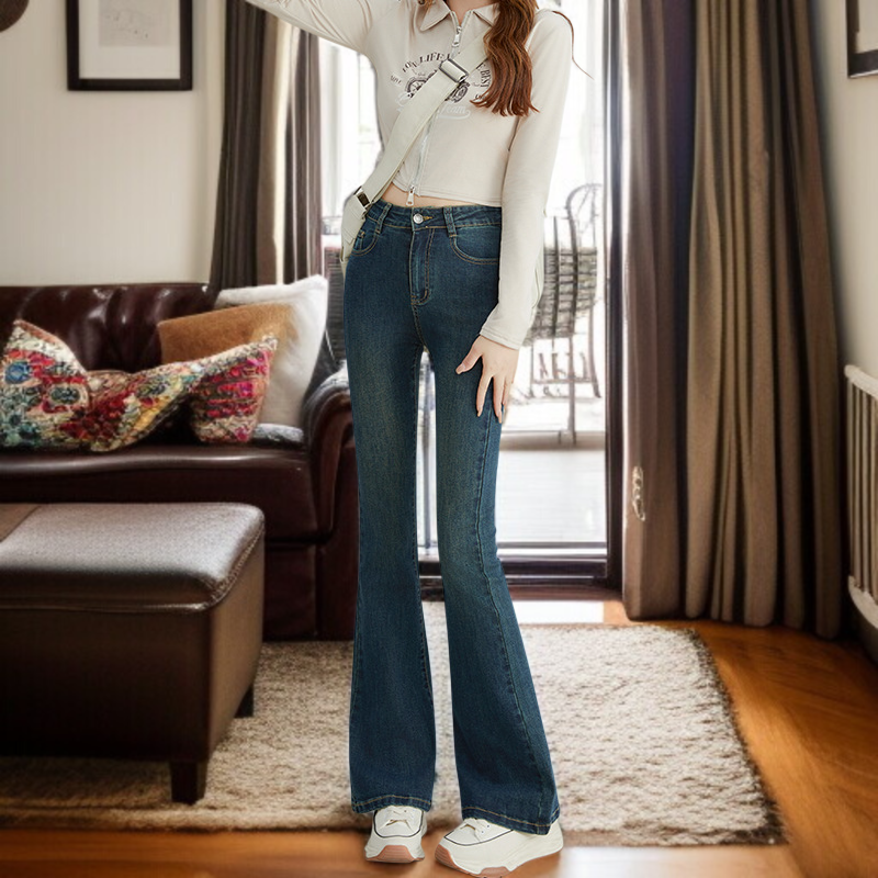 小さめハイウエストワイドジーンズ女性春春スリム細めマイクロフレアワイドパンツ