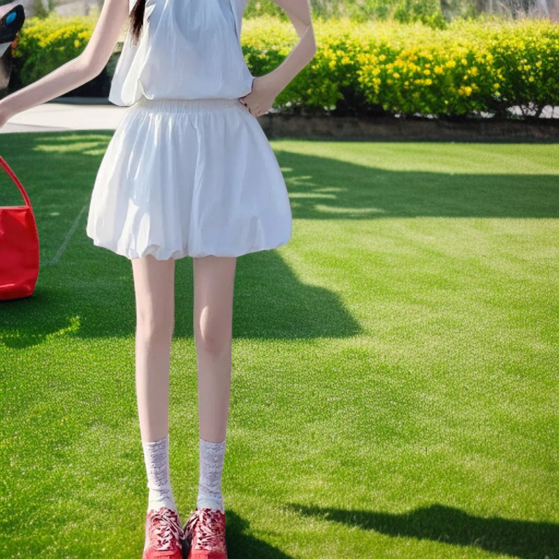 春夏秋韓国系ファッションふんわりバルーンミニスカート安全インナーパンツ付きウエストゴムポケット付き
