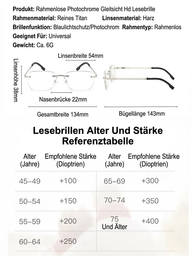 Rahmenlose photochrome, zoomfähige, hochauflösende Lesebrille