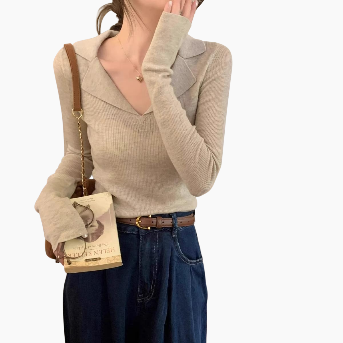 여자 추동 이너 쇄골 시크 긴팔 니트 브이넥 이너 톱