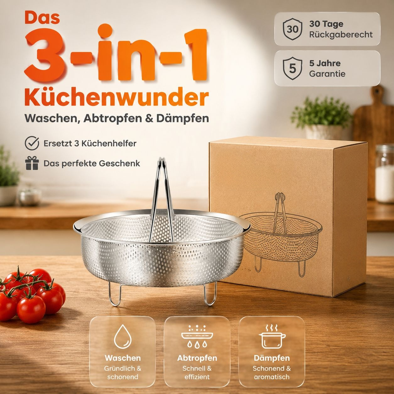 Gemüse- und Obstwaschkorb, Dämpfkorb aus Edelstahl