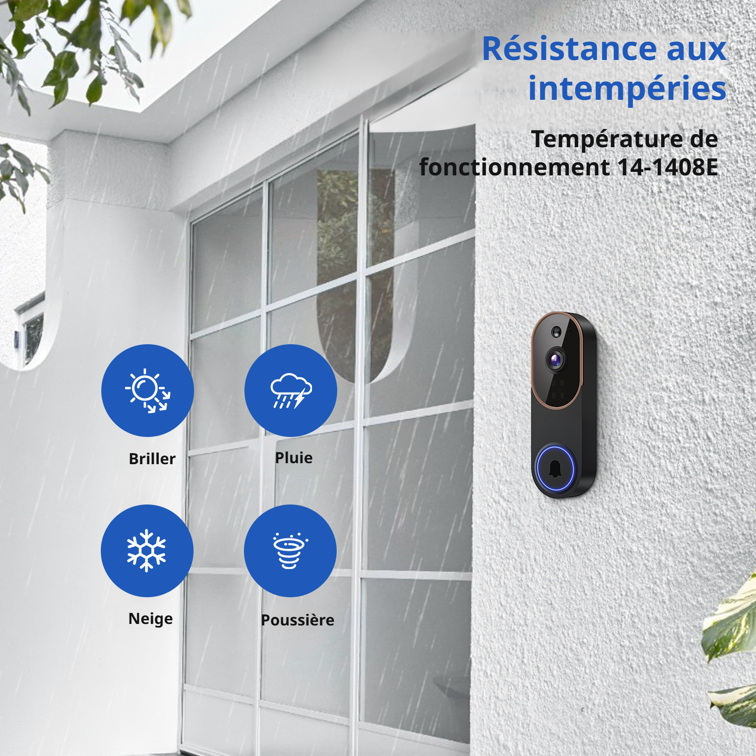 Sonnette sans fil haute sécurité installée sur une porte d'entrée moderne