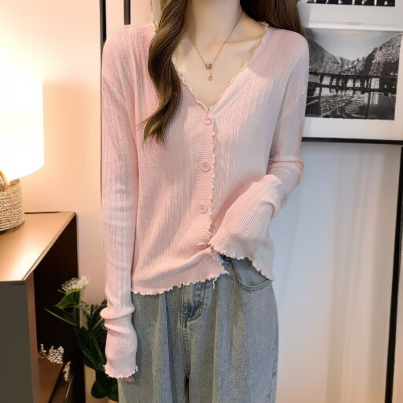 レディース ニット カーディガン ジャケット Vネック 長袖 トップス ニット カーディガン ジャケット レディース 木耳 エッジ スリム 大きいサイズ 長袖 トップス