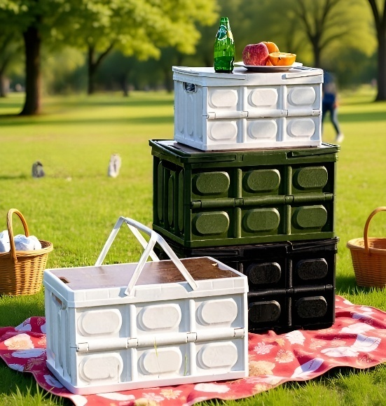 Foldable Wooden Tabletop & Plastic Basket Camping Storage Box