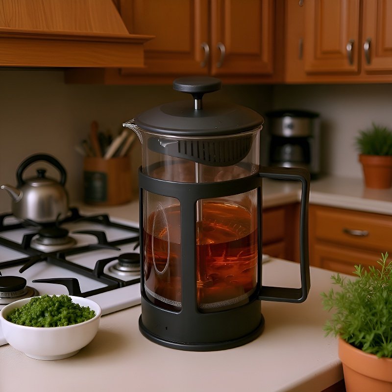 Coffee maker with stainless steel filter, tea maker, heat and cold resistant French press.