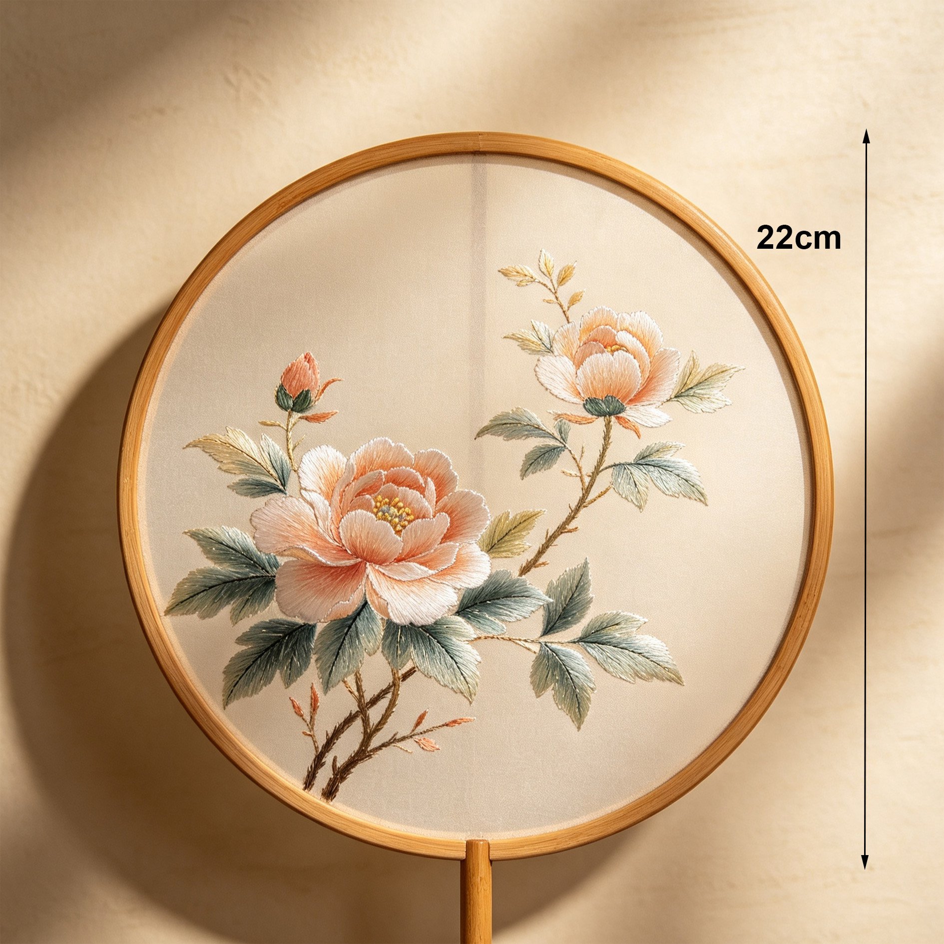 Elegant peony pattern embroidered on hand fan