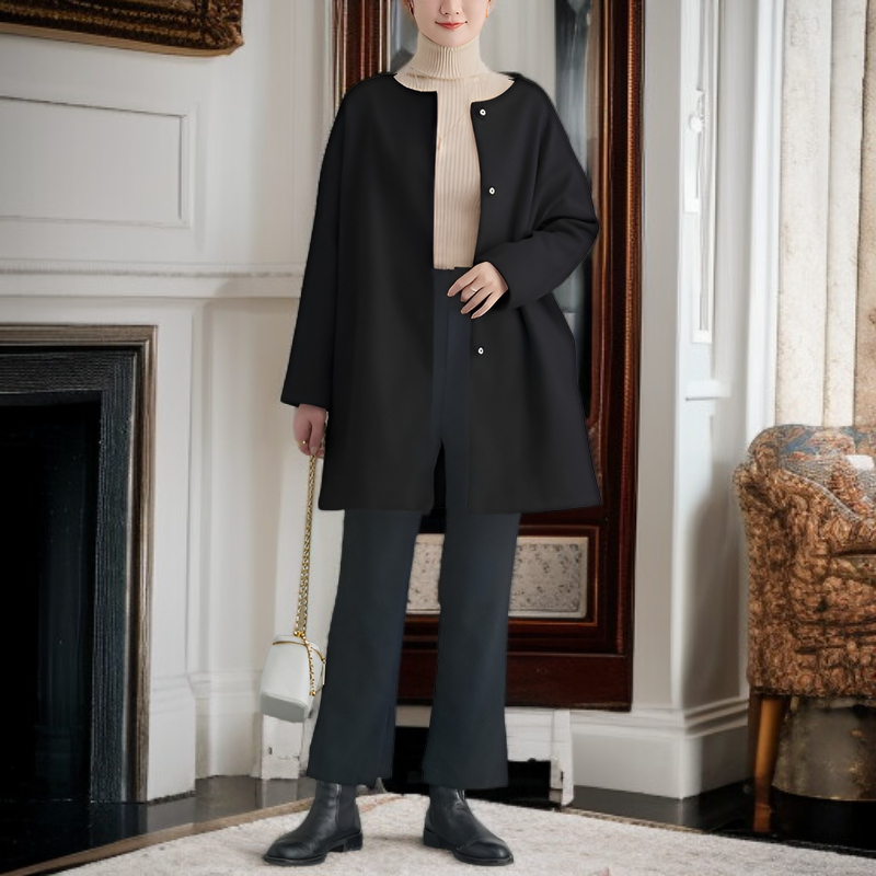 프리미엄 여성 가을 겨울 솔리드 코트 루즈핏 일자 상의 모직 코트 무드 코트