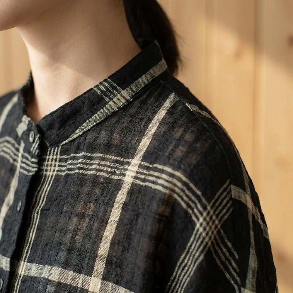 カジュアル文芸チェック柄ゆったりリネンシャツ