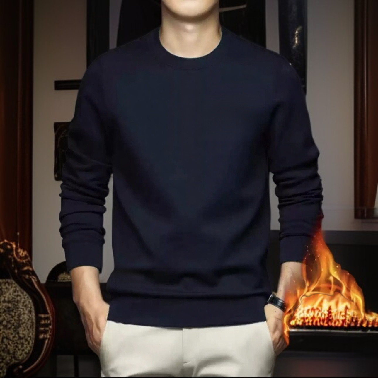 남성용 캐주얼 기모 라운드넥 긴팔 티셔츠