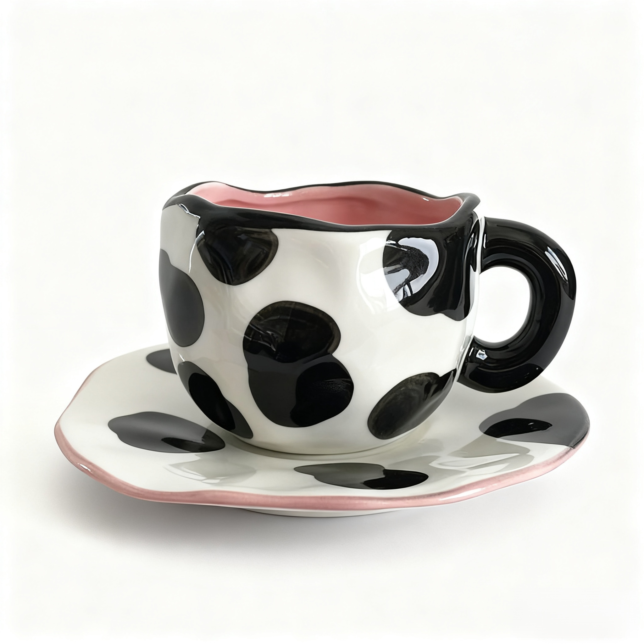 신선하고 레트로하며 여성스러운 핸드메이드 커피 컵과 접시