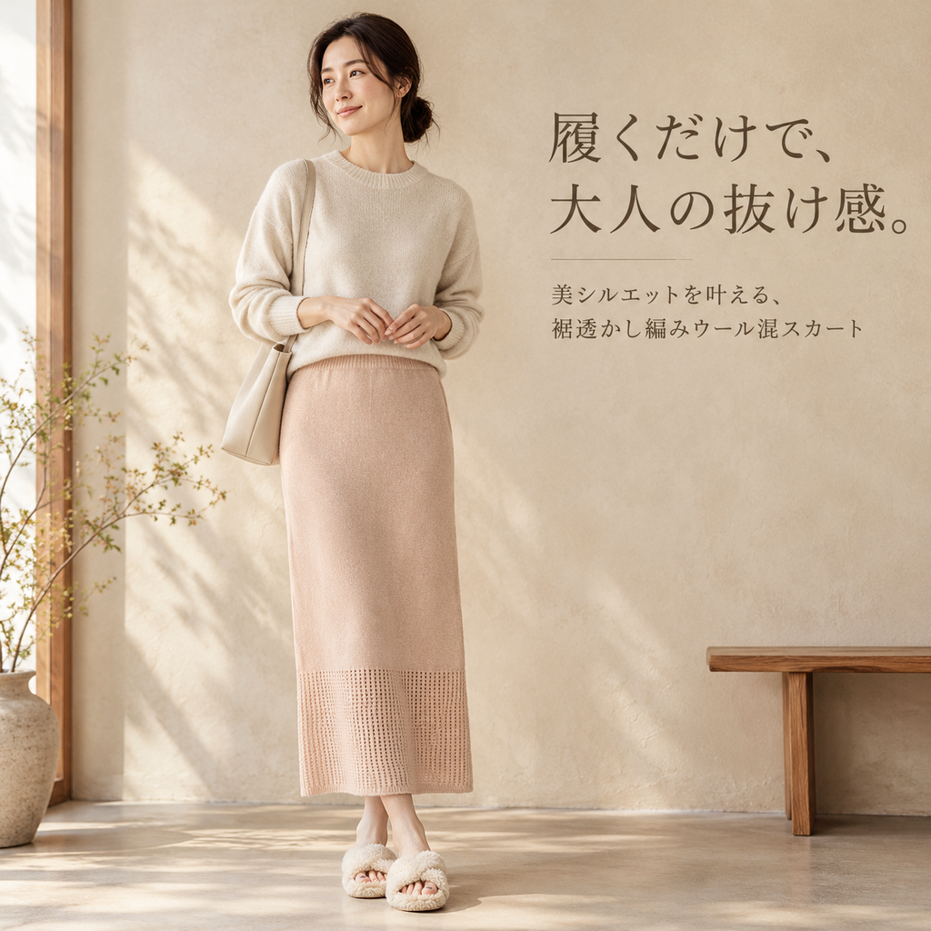 春秋冬新作 レディース ハイウエスト透かし編みニットロングスカート