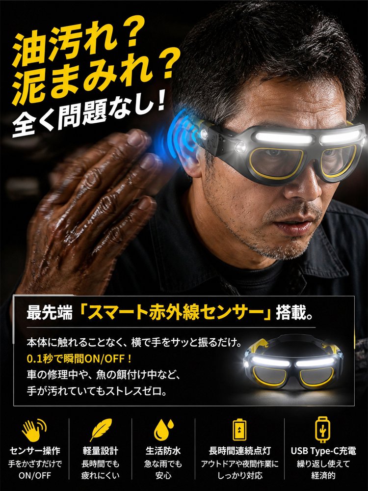 【鯖江新作】多機能ライト付き保護メガネ