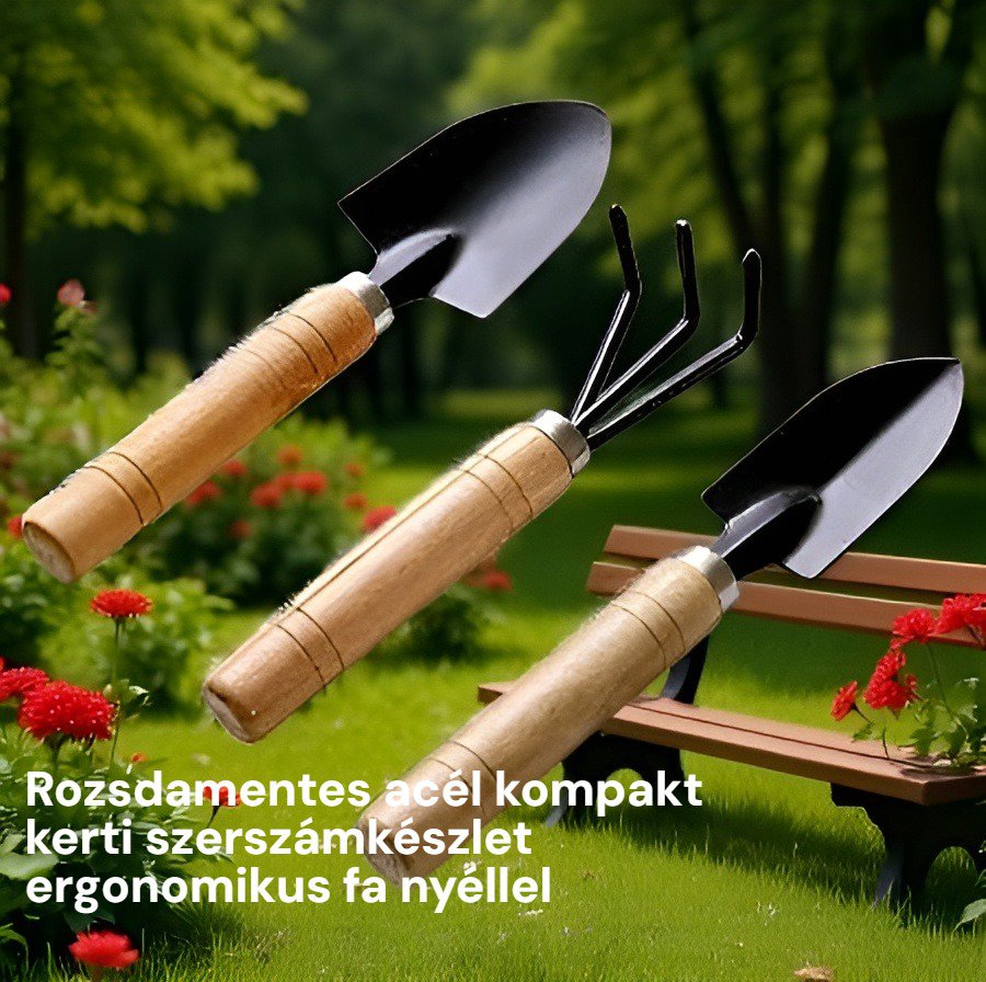 Rozsdamentes acél kerti szerszámkészlet ergonomikus fa nyéllel