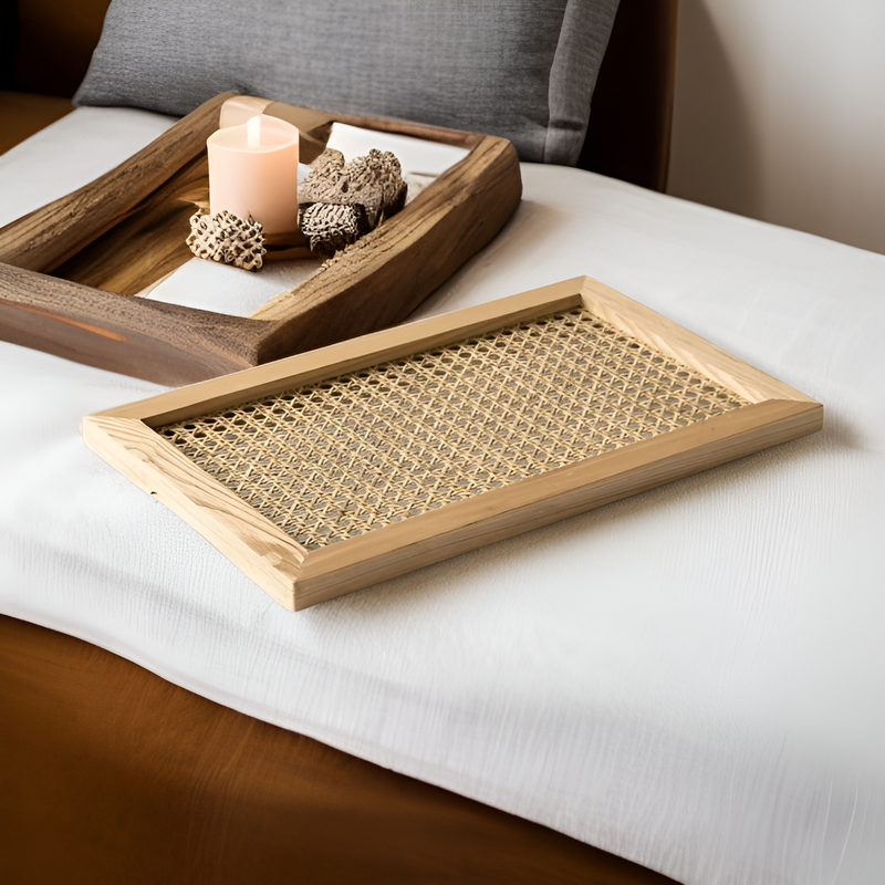 Handwoven Rattan Wooden Tray Handmade Serving Tray