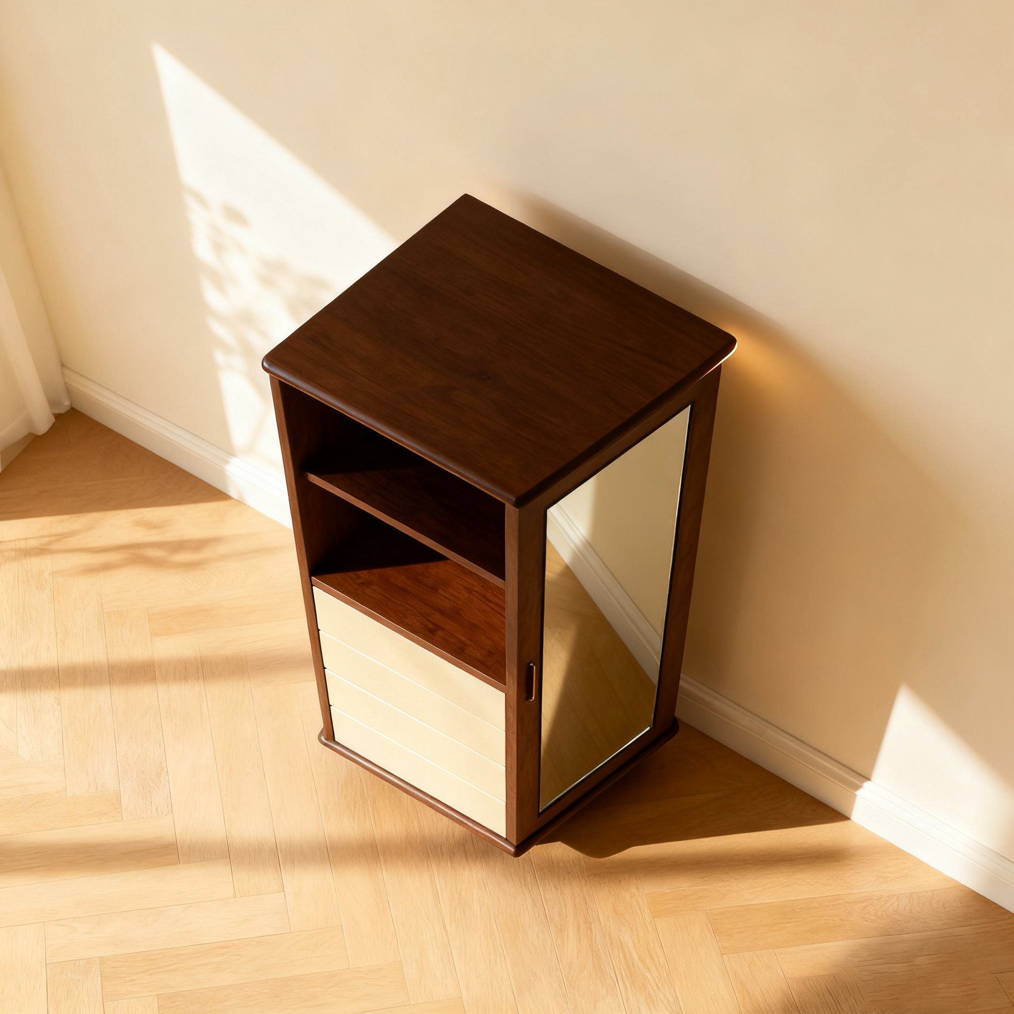 거울이 달린 원목 코너 캐비닛 정면 사진