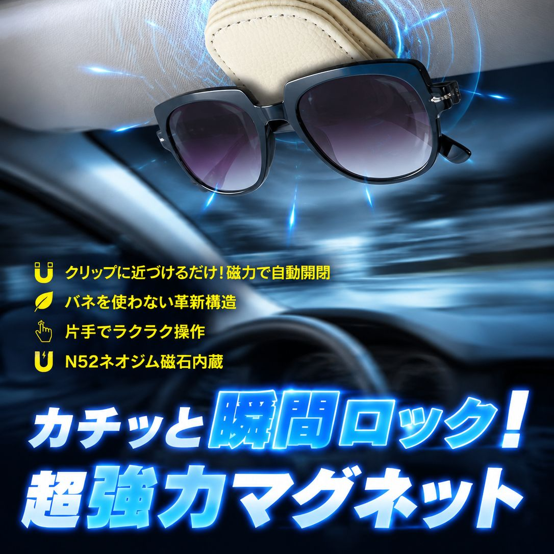 車内用マグネット式レザー眼鏡クリップ・サンバイザーサングラス収納クリップ