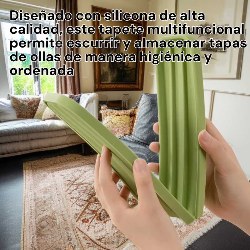 Alfombrilla de drenaje y almacenamiento de silicona multifuncional para tapas de ollas