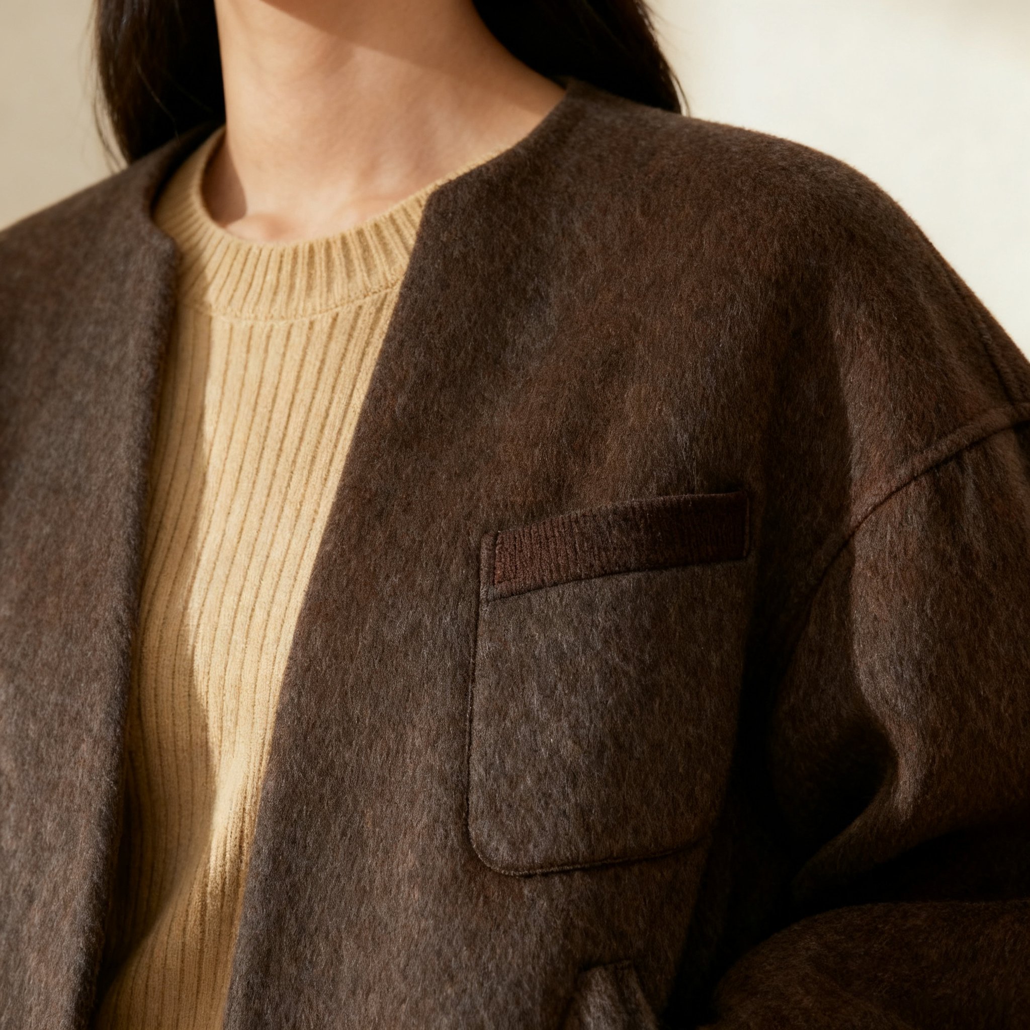 다크 브라운 오버사이즈 자켓 측면 착용샷