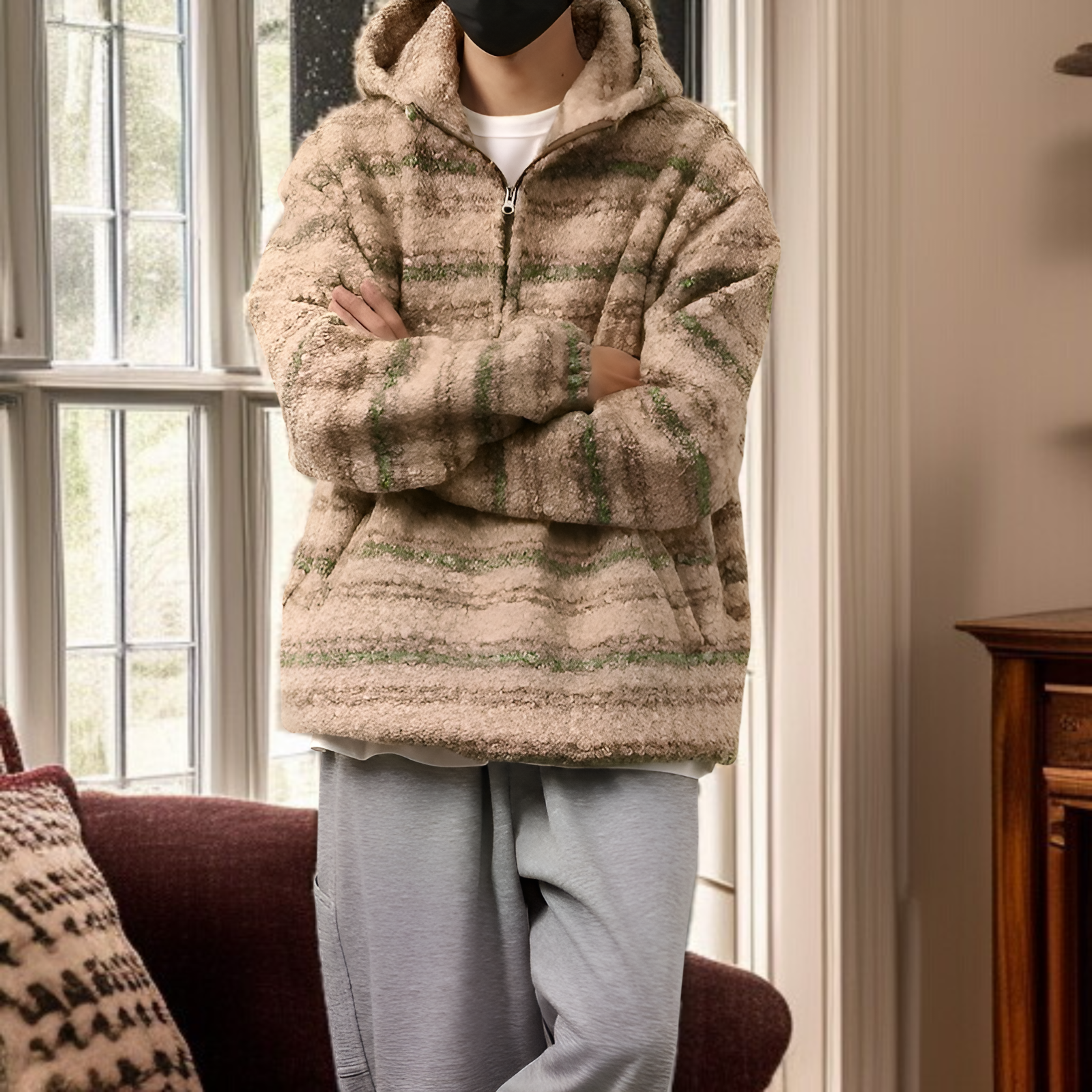 ゆったりシルエットのストライプウールコートデザイン詳細