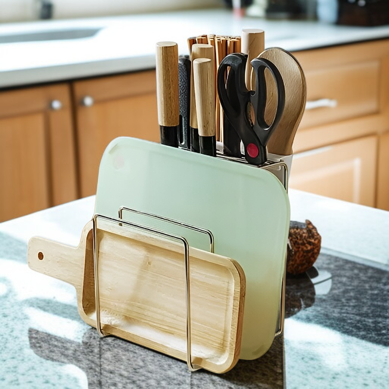 رف تخزين سكاكين متعدد الوظائف من الستانلس ستيل 304 مع حامل عيدان للطعام ورف تقطيع للمطبخ