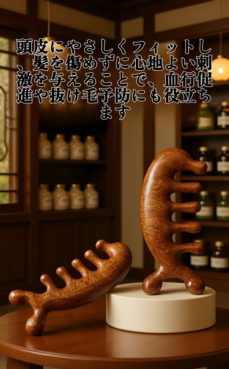 天然木製のヘアマッサージコームの質感