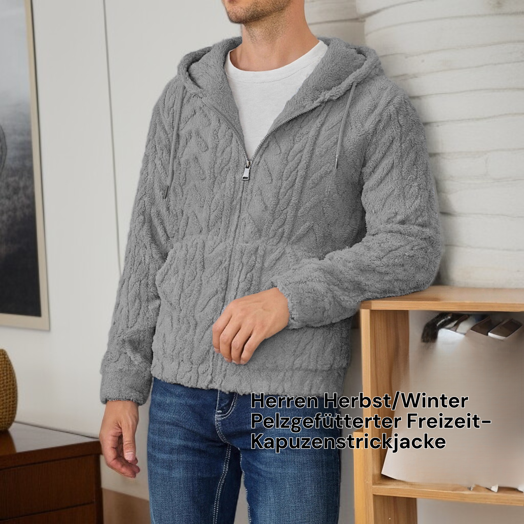 Männer Kapuzenjacke mit Fell, modischer Freizeit-Zip-Hoodie für Herbst und Winter