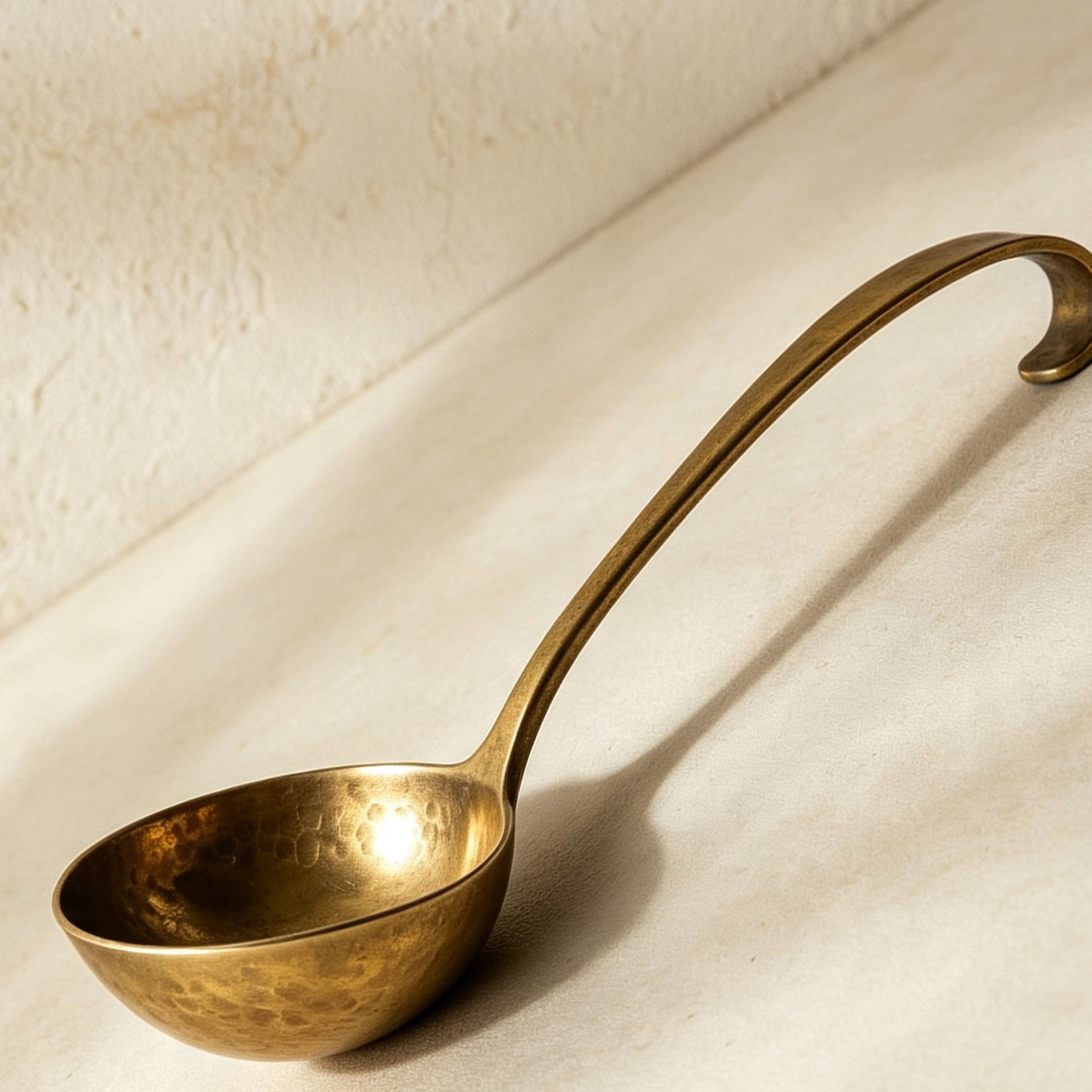 Set of 6 brass soup spoons on white background
