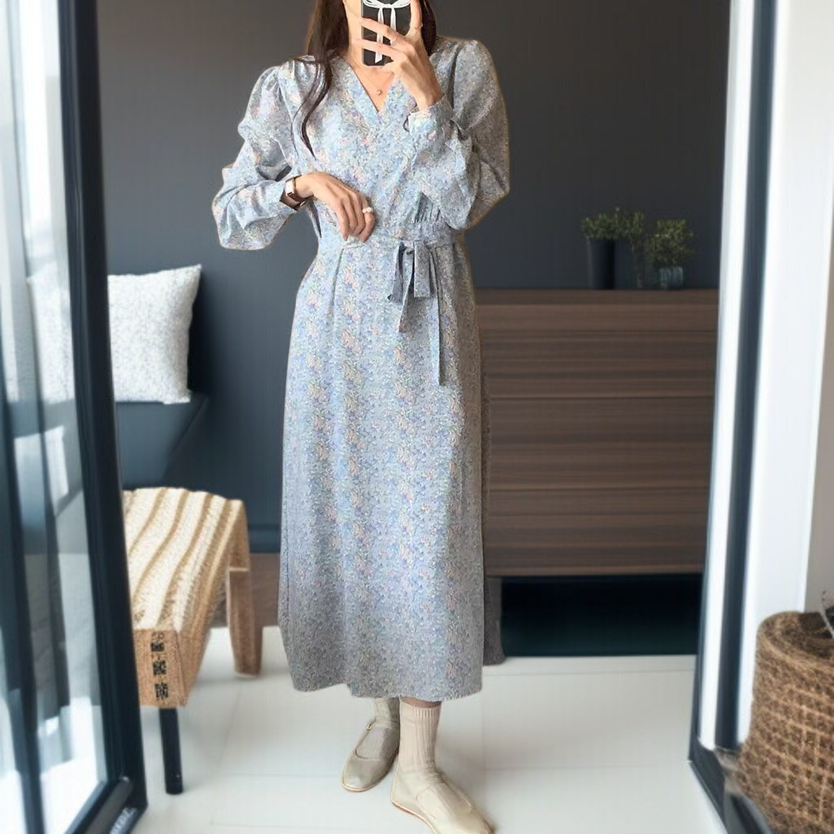 여성 원피스 허리 여리여리 플라워 롱 원피스 엘레강스 브이넥 도라지 스트링 원피스