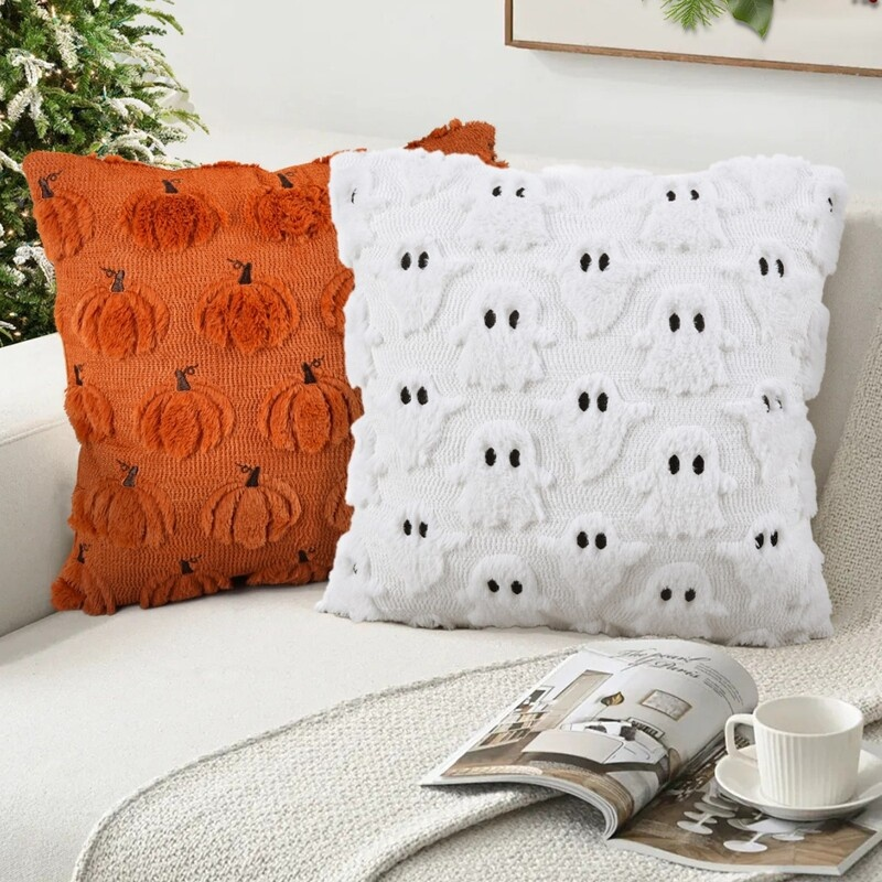 Halloween Pumpkin Ghost Plush Pillow Cover Fun Decor