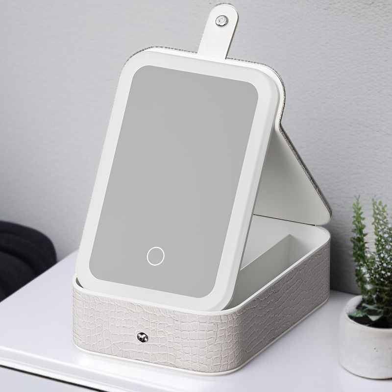 メイクボックス 鏡付き メイクボックス 持ち運び メイクケース 旅 ジュエリーボックス 小箱 ジュエリー LEDライト付き ミラー付き 宝石箱 持ち運び コンパクトPUレザー ジュエリー収納 アクセサ