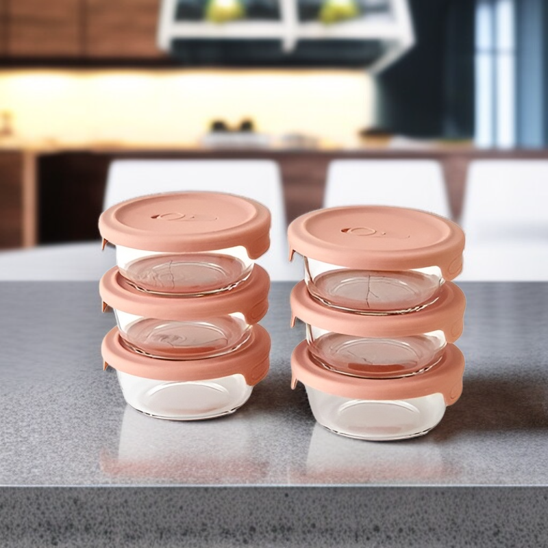 حاوية أرز من الزجاج المقاوم للحرارة مع فتحة بخار من السيليكون 350 مل مجموعة من 6 قطع