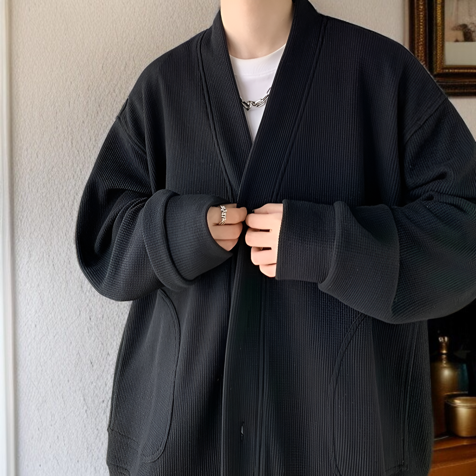 春と秋に着用する男性用のレイジースタイルのウールカーディガンジャケット、Vネックのアメリカンジャケットを備えた先進的な若々しいフードなしセーター