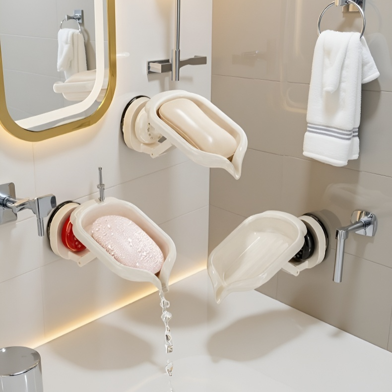 Boîte à savon avec ventouse multifonction, égouttoir pour lavabo, fixation sans perçage
