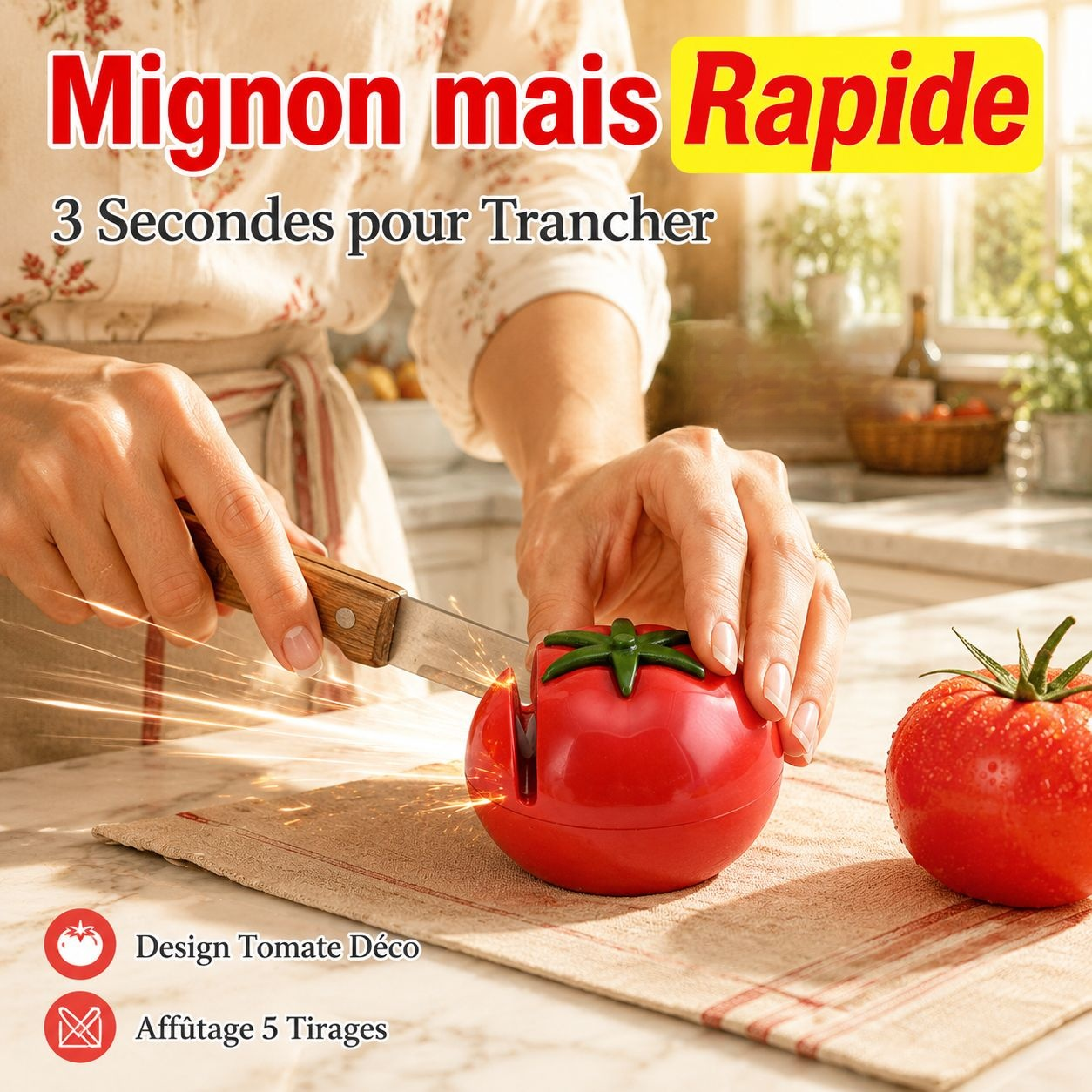 Aiguiseur manuel de couteaux design tomate, accessoire portable pour cuisine