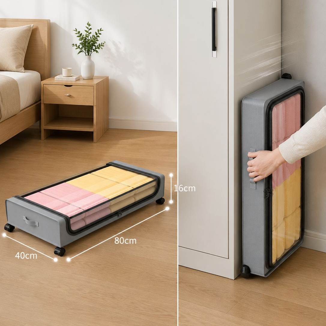 Unterbett-Faltbox mit Rollen und Deckel