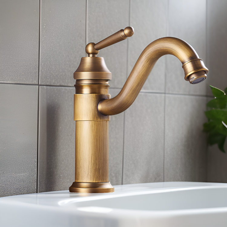 Vintage European copper bathroom basin with hot and cold faucet set
