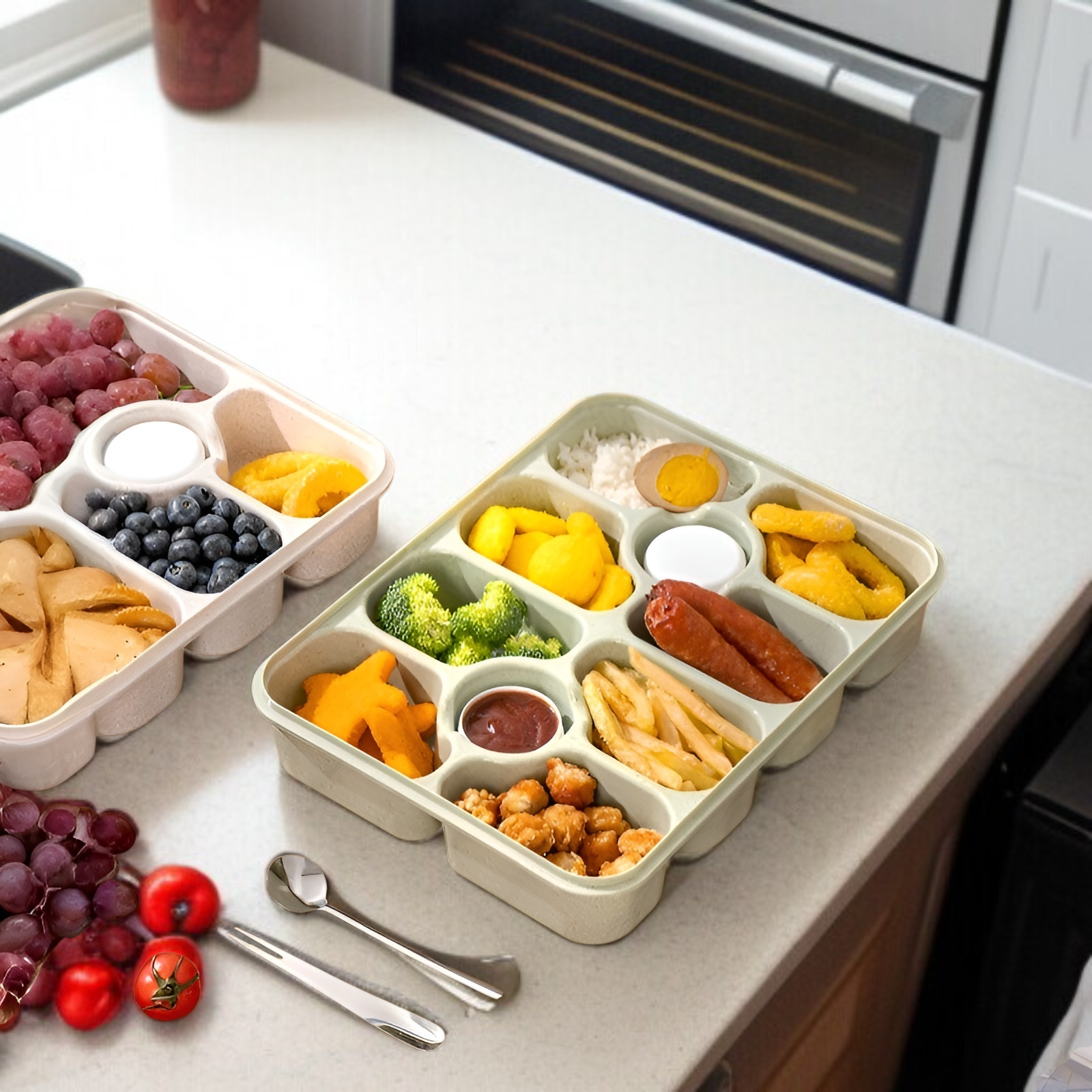 フルーツやスナックを収納したマルチコンパートメントランチボックス