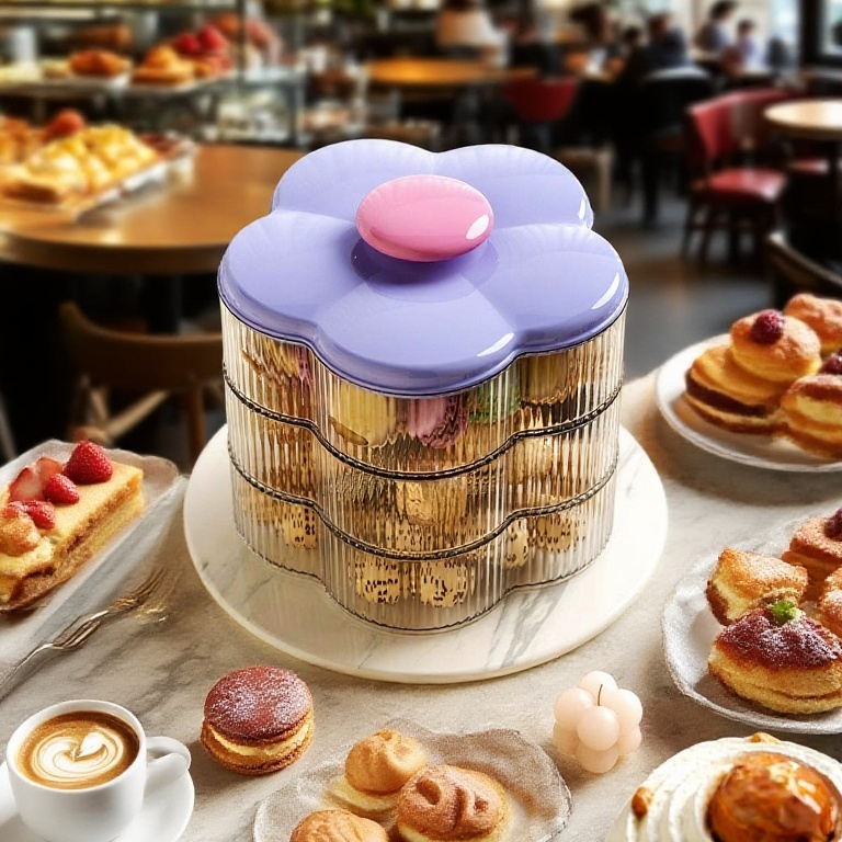 다양한 건과류와 간식이 담긴 꽃잎 모양 수납함