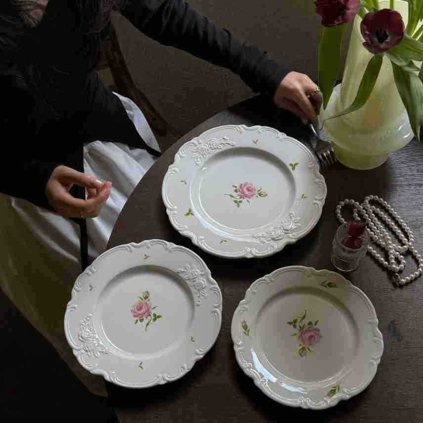 French Vintage Style Relief Rose Ceramic Plate