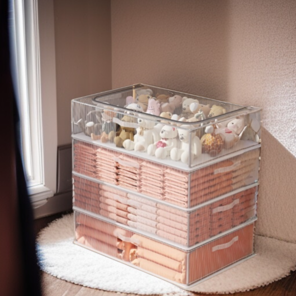 Rolling storage box filled with folded blankets