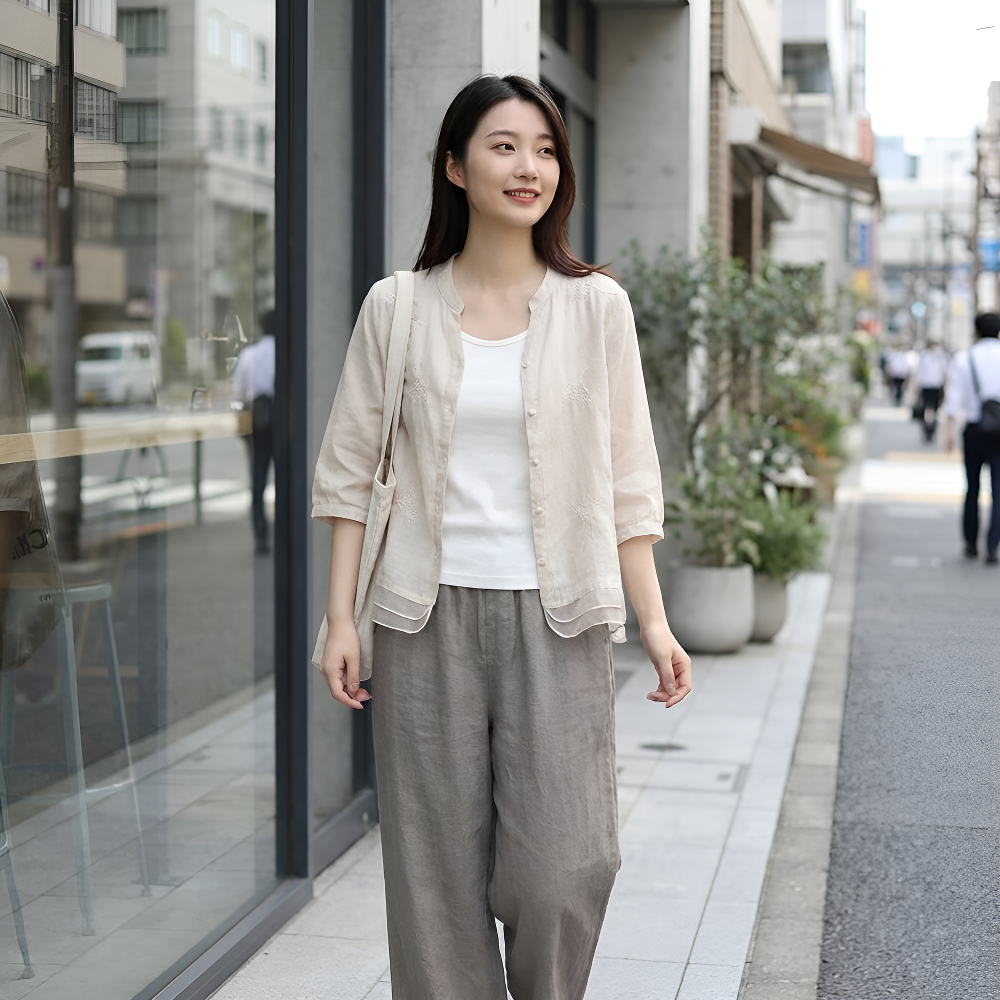 気質パッチワークデザイン スリム見せ文芸風レディースシャツ