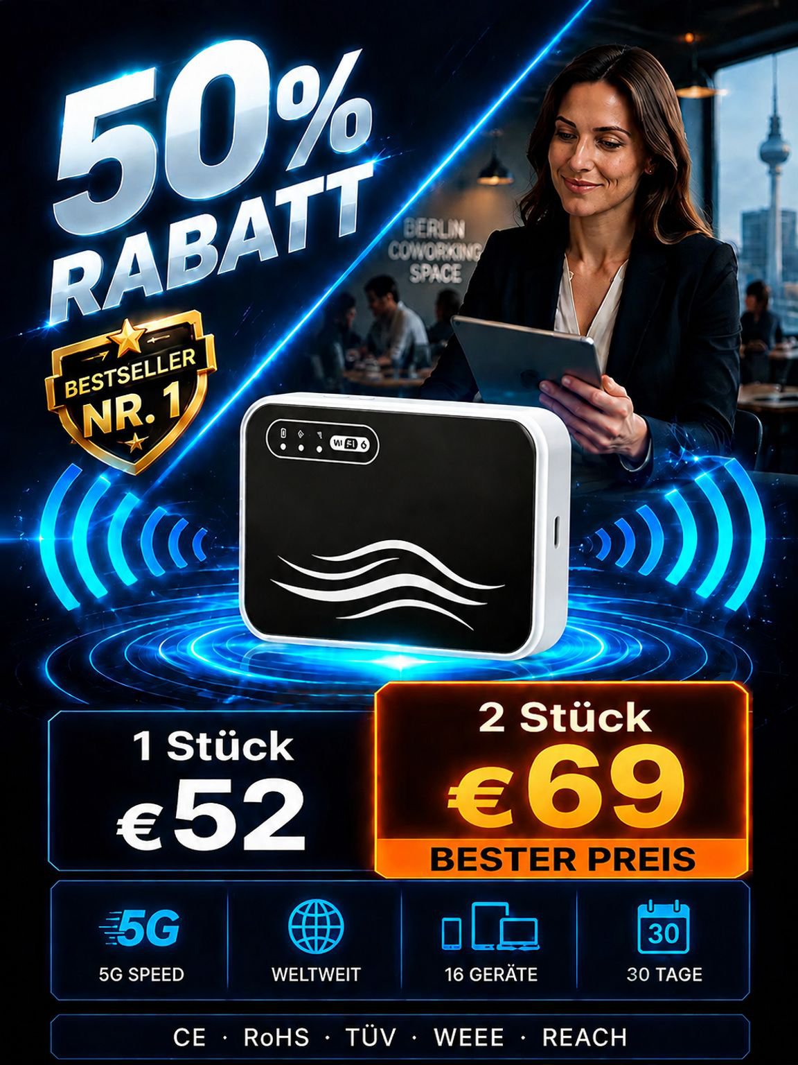 Mobiles Taschen-WLAN: Lückenloser Empfang – Bis zu 10 Geräte streamen mühelos in 4K!