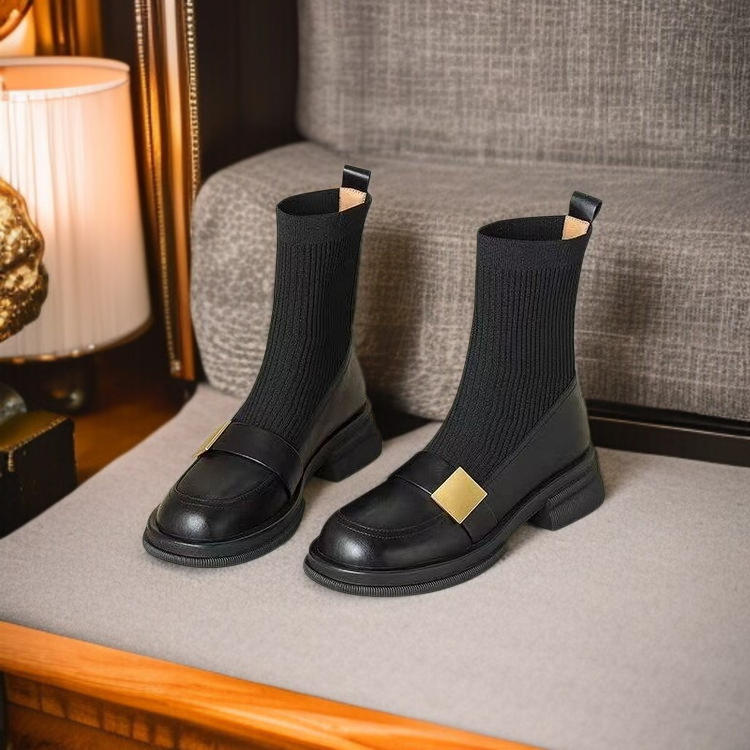 앵클부츠 여학생 니트 스판 슬림부츠 라운드 플랫 굽 워커부츠 앵클부츠 여학생 라운드 플랫 통굽 워커