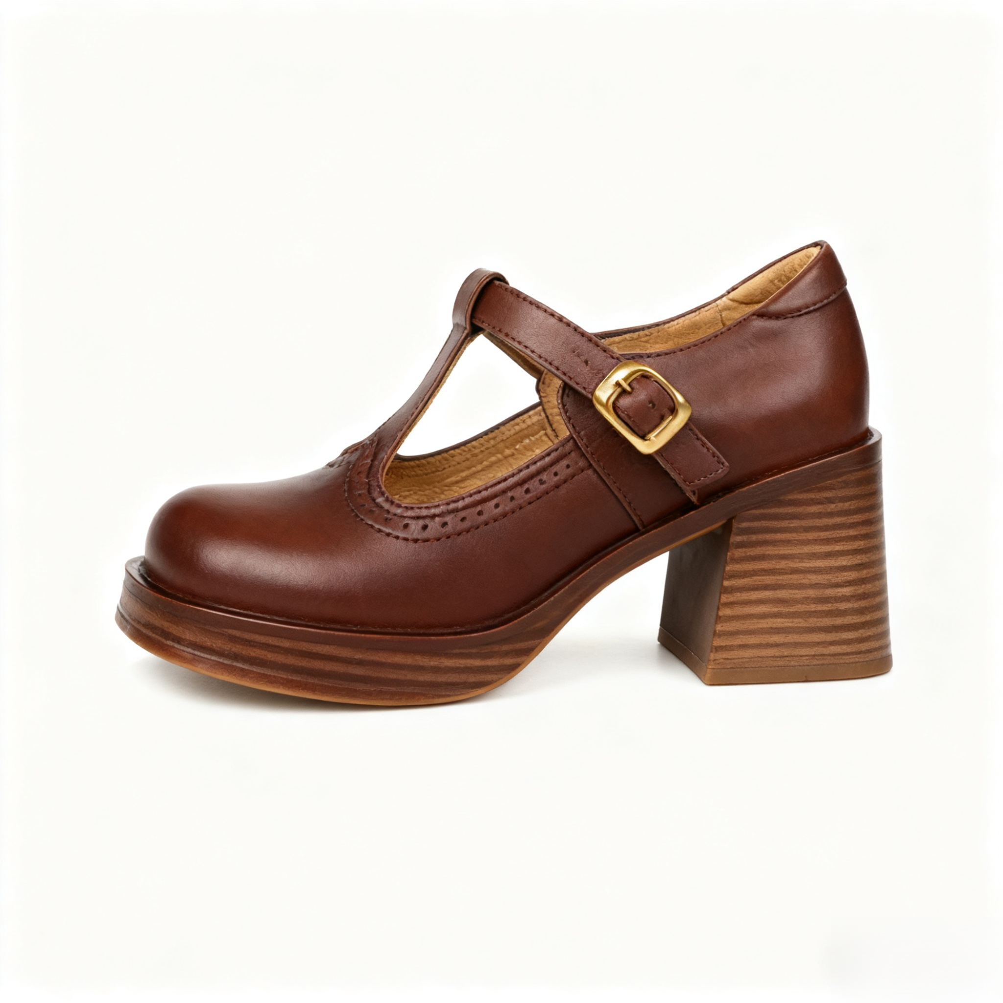 フルレザーのチャンキーヒール、ラウンドトゥ、Tバックル、ブローグ、ミッドカットフラットシューズ