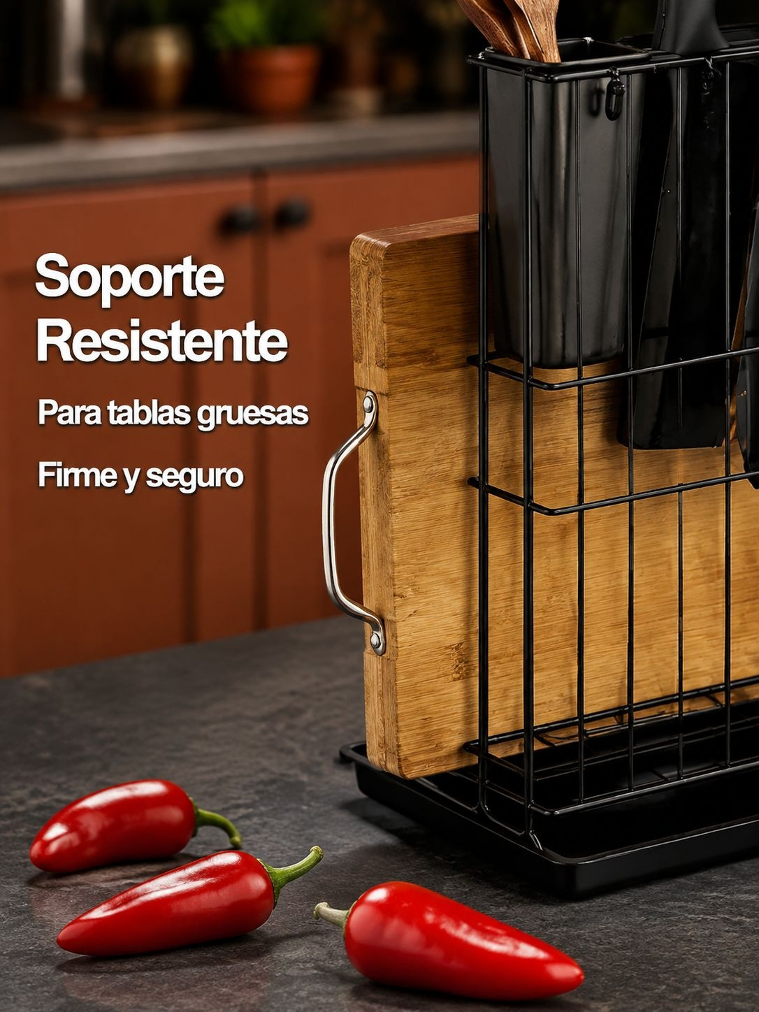 Accesorio multifuncional para organizar cucharas y cortar alimentos